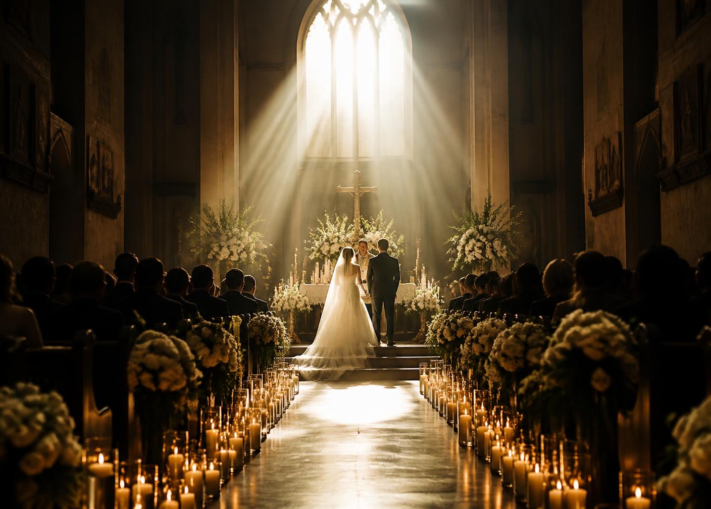 Cerimônia de casamento em capela com corredor iluminado por velas