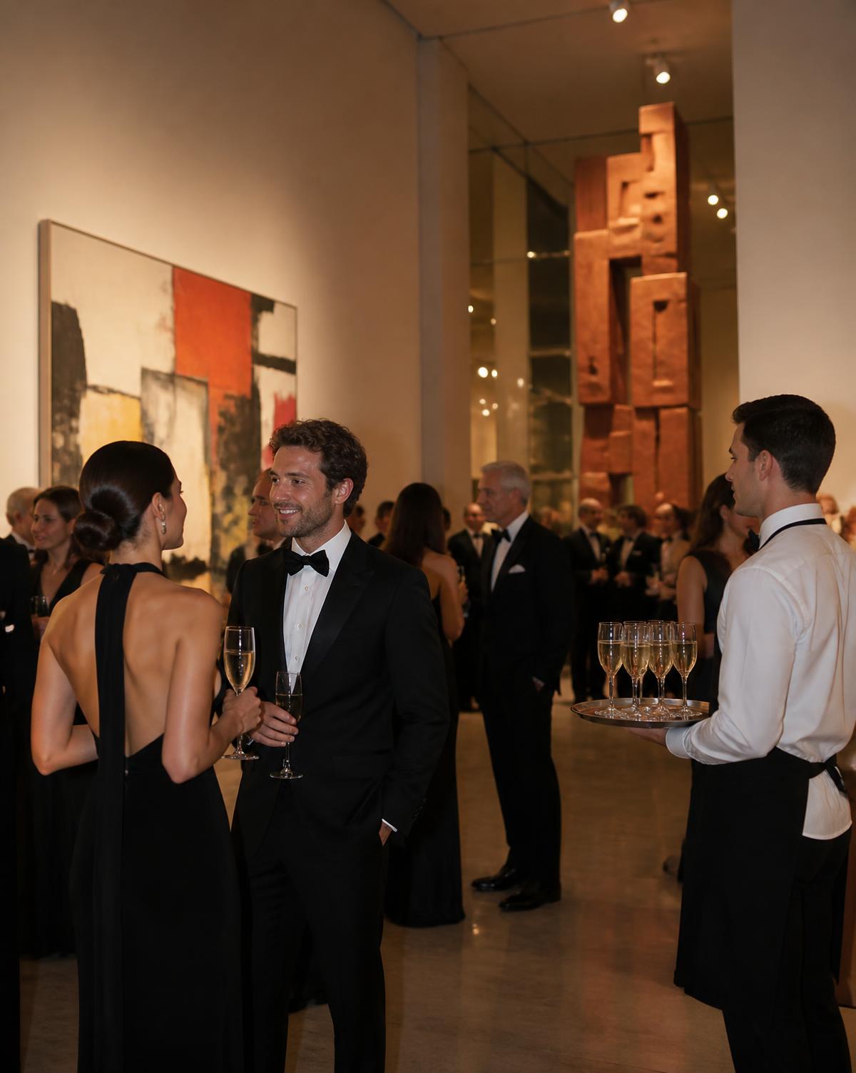 Coquetel formal em galeria de arte com serviço de espumante