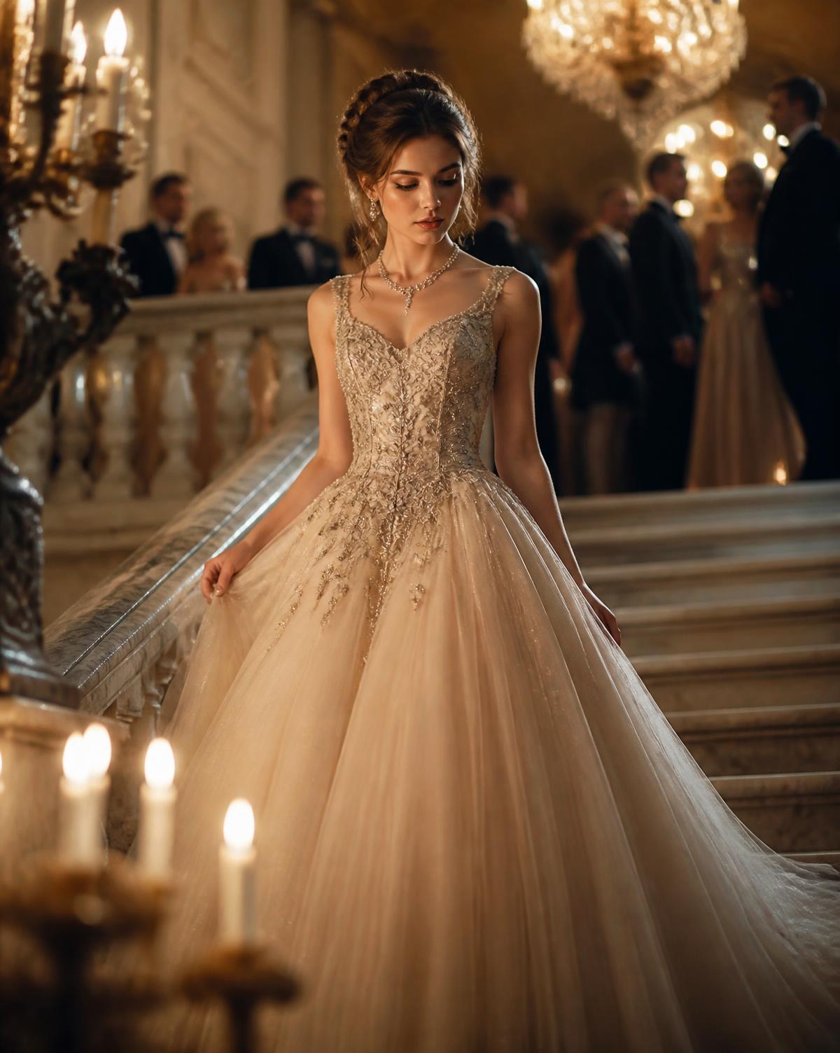 Debutante em vestido de gala descendo escadaria de mármore à luz de velas
